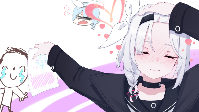 1boy, 2girls, anger_vein, arona_(blue_archive), black_coat, black_hairband, blue_archive, blush, bow_hairband, braid, choker, closed_eyes, coat, doodle_sensei_(blue_archive), hairband, halo, heart, highres, holding, holding_paper, jujutsu_kaisen, lyvysn, meme, multiple_girls, naoya_hitting_choso_without_looking_(meme), neckerchief, paper, plana_(blue_archive), red_halo, school_uniform, sensei_(blue_archive), white_hair, white_neckerchief