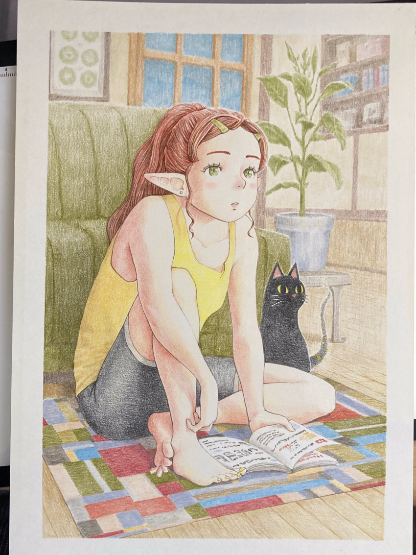 1girl, animal, bare_arms, barefoot, black_cat, black_shorts, book, border, brown_hair, casual, cat, colored_pencil_(medium), commentary_request, couch, dr._fabre_(shin_iroenpitsu), earrings, elf, green_eyes, hair_ornament, hairclip, highres, indoors, jewelry, knee_up, long_hair, nail_polish, on_floor, open_book, original, parted_lips, photo_(medium), plant, pointy_ears, ponytail, potted_plant, rug, shin_iroenpitsu, shorts, sidelocks, sitting, solo, stud_earrings, tank_top, toenail_polish, toenails, traditional_media, wavy_sidelocks, white_border, window, wooden_floor, yellow_nails, yellow_tank_top