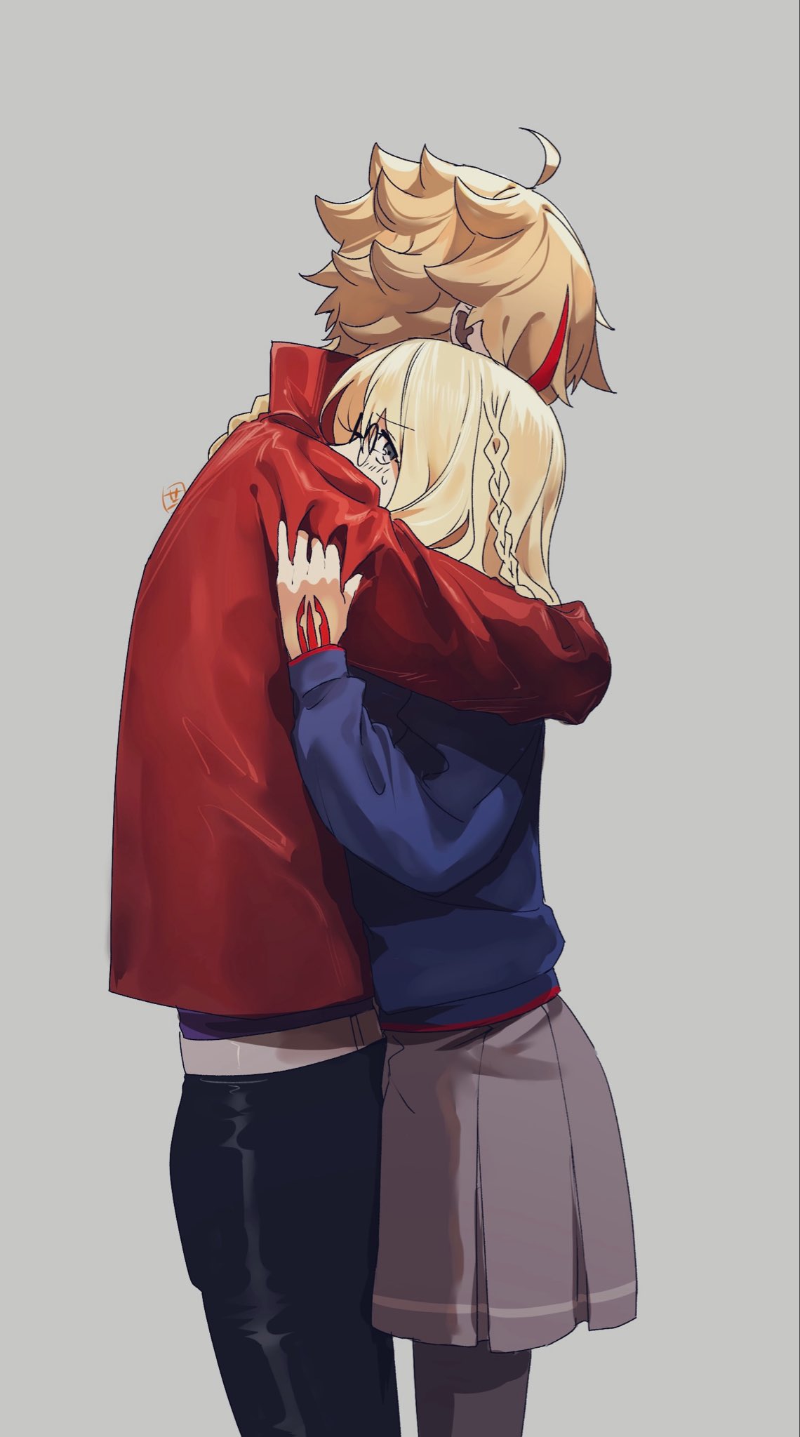 1boy, 1girl, blonde_hair, braid, braided_ponytail, commentary_request, fate/strange_fake, fate_(series)