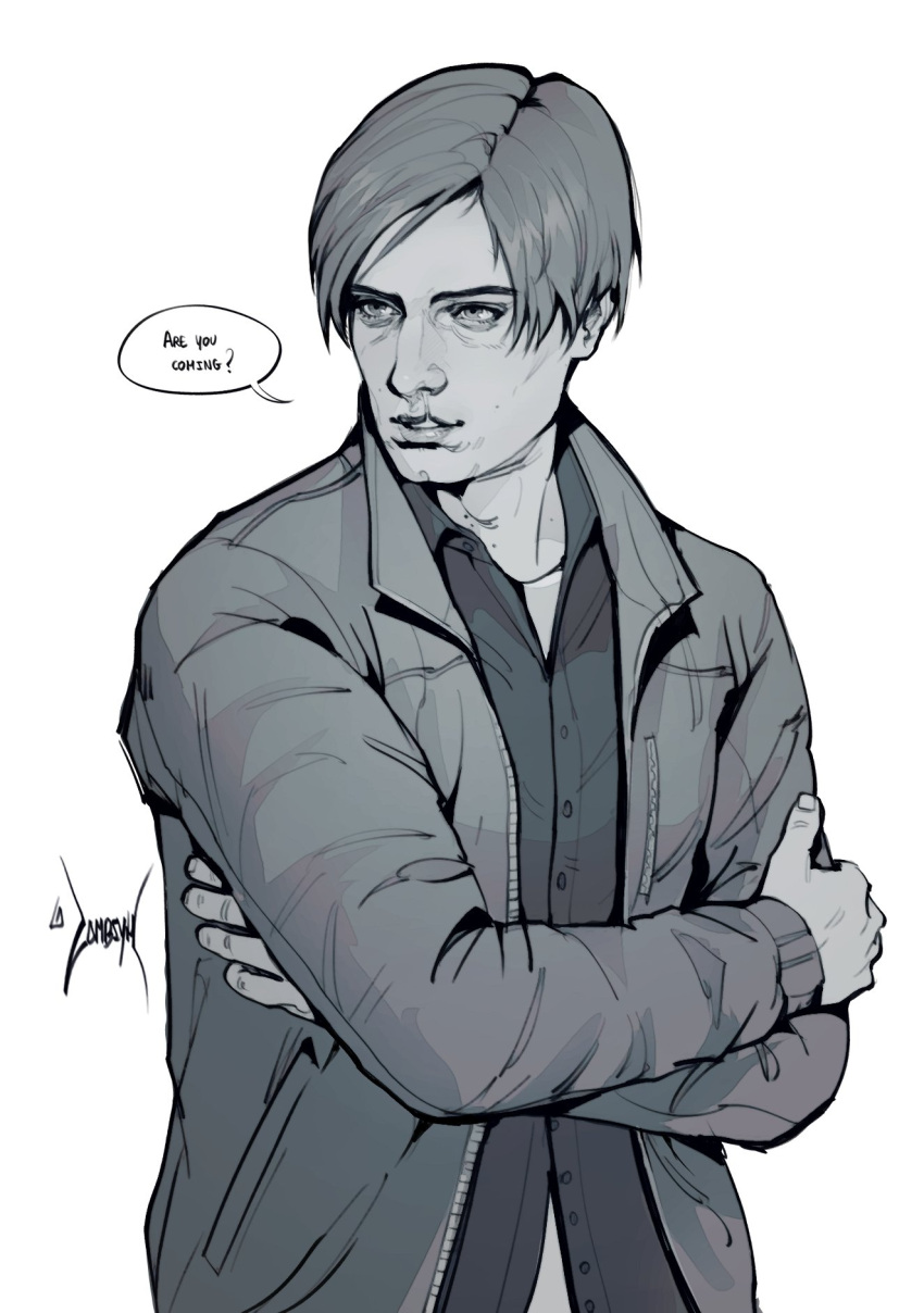 1boy, cleft_lip, collared_shirt, commentary, crossed_arms, english_commentary, english_text, greyscale, highres, jacket, leon_s._kennedy, looking_to_the_side, male_focus, monochrome, open_clothes, open_jacket, parted_lips, resident_evil, resident_evil_2, self_hug, shirt, short_hair, solo, speech_bubble, upper_body, zombiyh