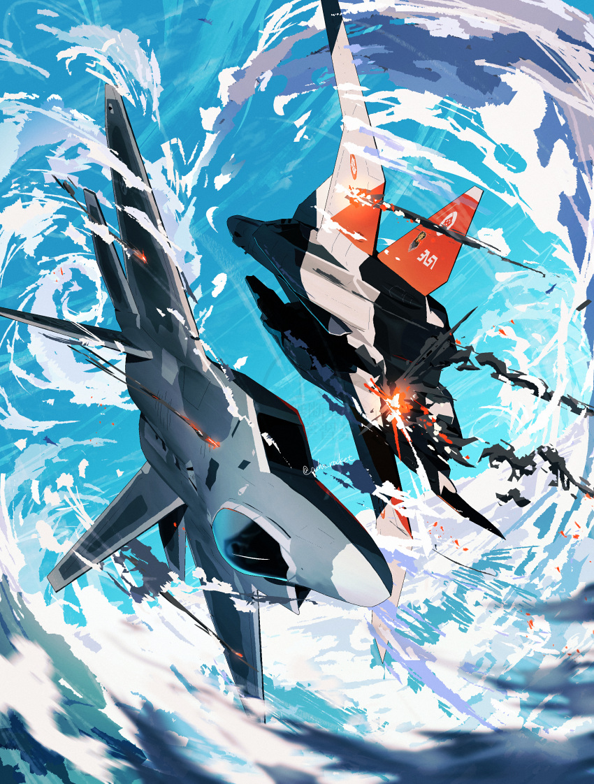 absurdres, ace_combat, ace_combat_7, aircraft, airplane, artist_name, blue_sky, clouds