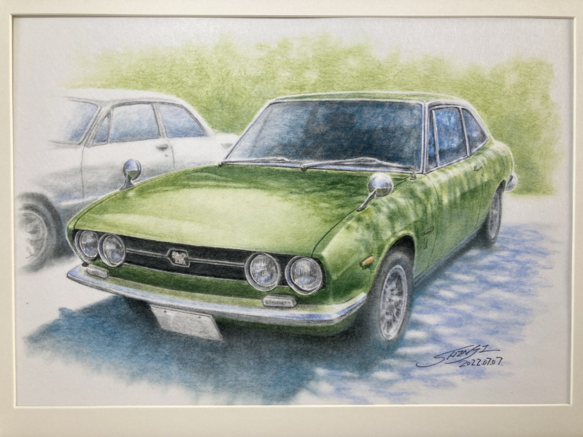 car, colored_pencil_(medium), commentary_request, dated, highres, isuzu_117_coupe, isuzu_motors, motor_vehicle, no_humans, original, outdoors, picture_frame, shadow, shin_iroenpitsu, signature, traditional_media, vehicle_focus
