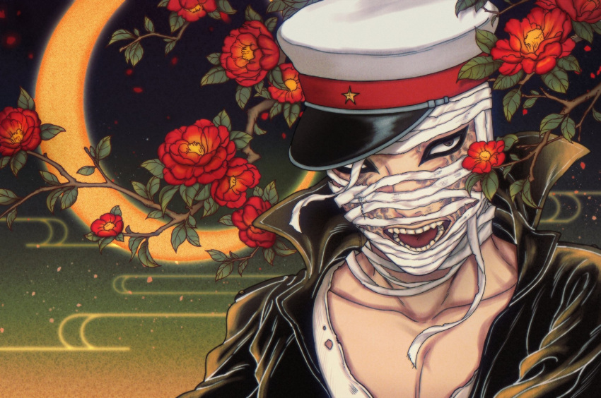 1boy, araken, bandage_on_face, bandaged_head, bandages, black_eyes, black_jacket, branch