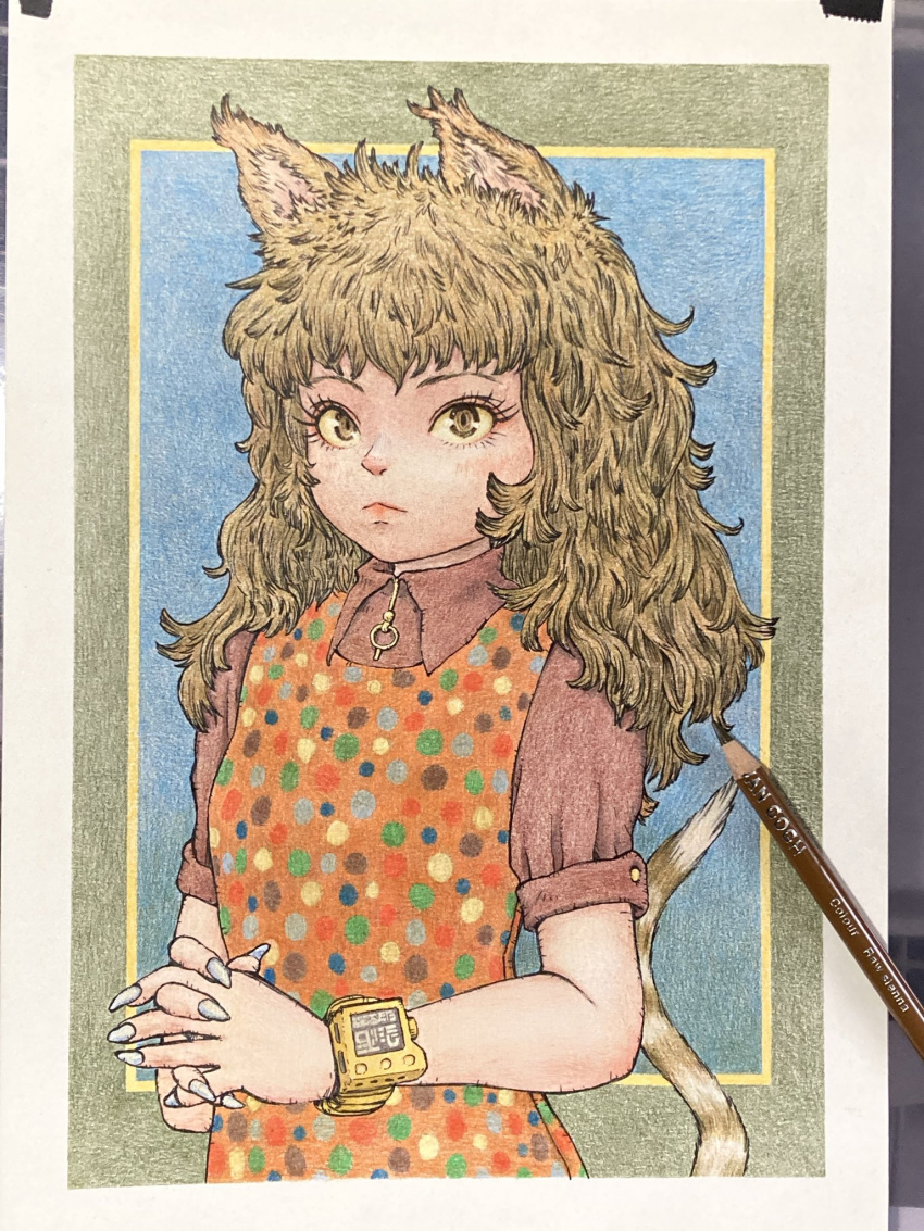 1girl, animal_ears, art_tools_in_frame, brown_eyes, brown_hair, brown_shirt, cat_ears, cat_tail, closed_mouth, collared_shirt, colored_pencil, colored_pencil_(medium), colored_sclera, commentary_request, dress, green_nails, highres, interlocked_fingers, looking_at_viewer, messy_hair, nail_polish, orange_dress, original, own_hands_together, pencil, pinafore_dress, shin_iroenpitsu, shirt, short_sleeves, sleeveless, sleeveless_dress, smartwatch, solo, tail, tail_raised, traditional_media, upper_body, watch, watch, yellow_sclera