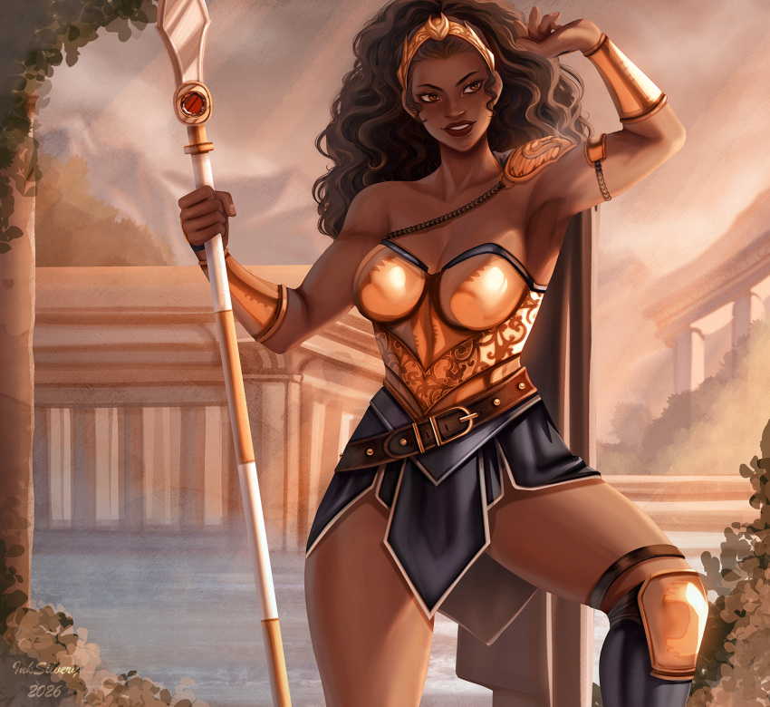 1girl, black_hair, boots, dark-skinned_female, dark_skin, dc_comics, gold_boots, gold_bracer, gold_tiara, highres, inksilvery, long_hair, nubia_(dc), pillar, solo, stone_pillar, wonder_woman_(series)