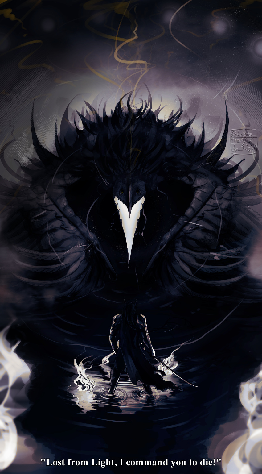 1boy, absurdres, animal, anjens, armor, bird, black_hair, black_robe
