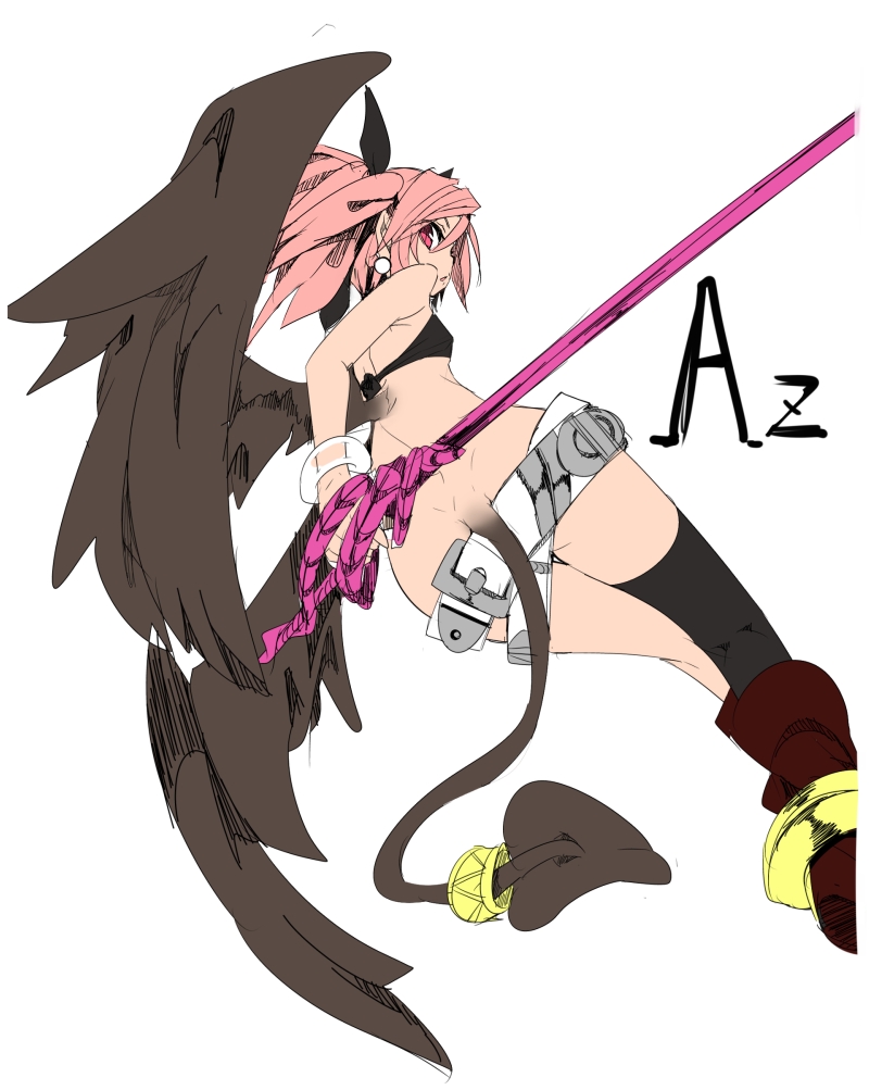 azrael_(shirow), beltskirt, bikini_top, black_legwear, boots, demon_girl, demon_tail, earrings, from_behind, from_below, hair_ribbon, jewelry, looking_back, no_panties, original, pink_hair, red_eyes, ribbon, shirow_(crazy), simple_background, single_thighhigh, solo, sword, tail, thighhighs, twintails, weapon, wings
