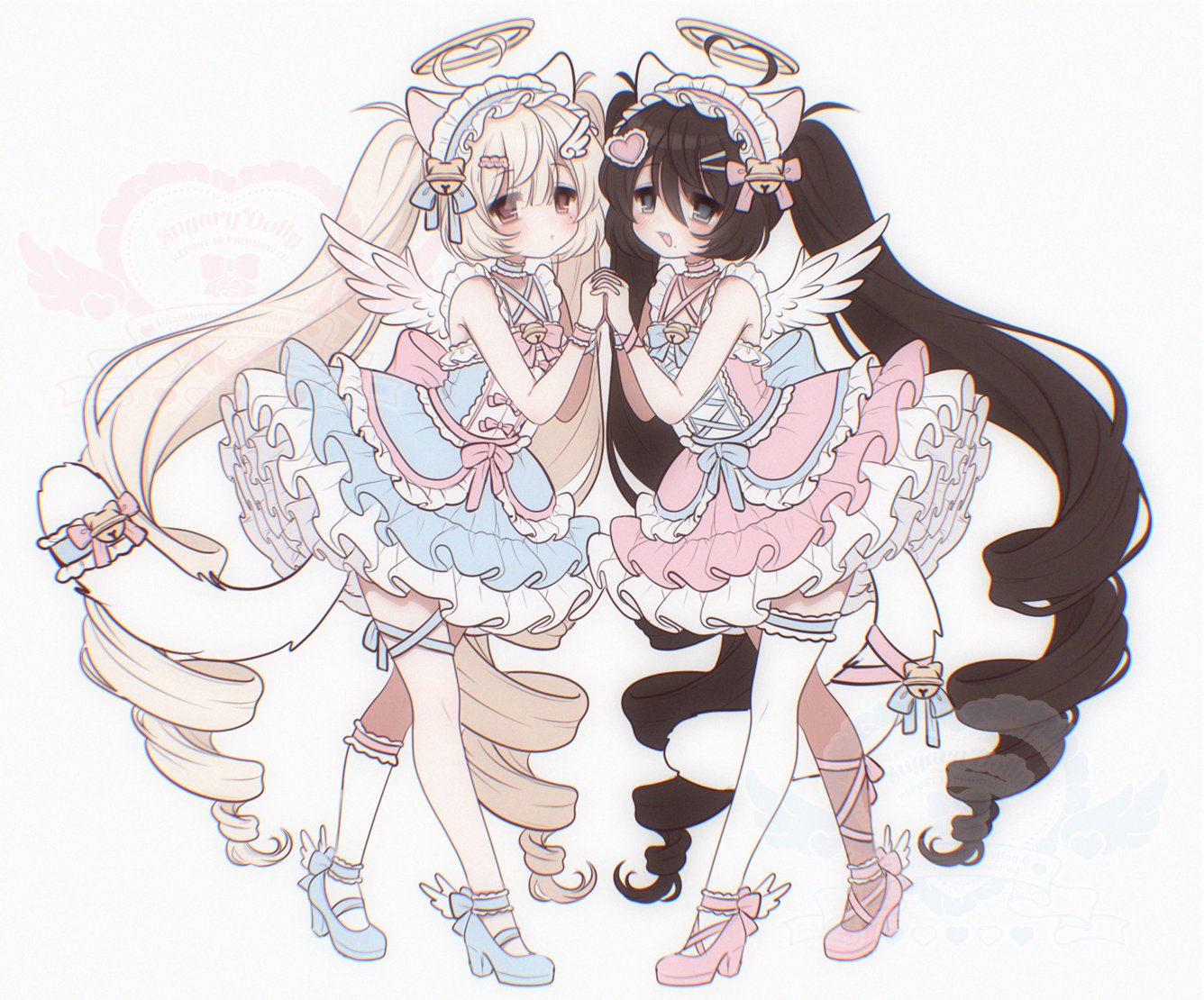 2000s_(style), 2girls, absurdly_long_hair, ahoge, angel, angel_wings, angel_wings_hair_ornament, animal_ears