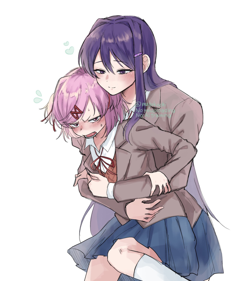 2girls, angry, artist_name, blazer, blue_skirt, blush, bob_cut, bow, bowtie, breasts, brown_sweater_vest, closed_mouth, collared_shirt, commentary, doki_doki_literature_club, doki_doki_literature_club_school_uniform, dress_shirt, embarrassed, fang, feet_out_of_frame, flustered, flying_sweatdrops, front-to-back, grey_jacket, hair_behind_ear, hair_between_eyes, hair_intakes, hair_ornament, hair_over_shoulder, hair_ribbon, hairclip, hand_on_another's_chest, hand_on_another's_stomach, hands_on_another's_arms, hatching_(texture), heart, height_difference, highres, hug, hug_from_behind, jacket, kneehighs, lifting_person, long_hair, long_sleeves, magokochi, multiple_girls, narrowed_eyes, natsuki_(doki_doki_literature_club), neck_ribbon, nervous_sweating, nose_blush, open_mouth, pink_eyes, pink_hair, pleated_skirt, purple_hair, raised_eyebrows, red_bow, red_bowtie, red_ribbon, rejected_hug, resisting, ribbon, school_uniform, shirt, short_hair, shouting, signature, simple_background, skirt, small_breasts, smile, socks, sweat, sweater_vest, swept_bangs, tsundere, twitter_username, two_side_up, v-shaped_eyebrows, very_long_hair, violet_eyes, white_background, white_shirt, white_socks, x_hair_ornament, yuri, yuri_(doki_doki_literature_club)