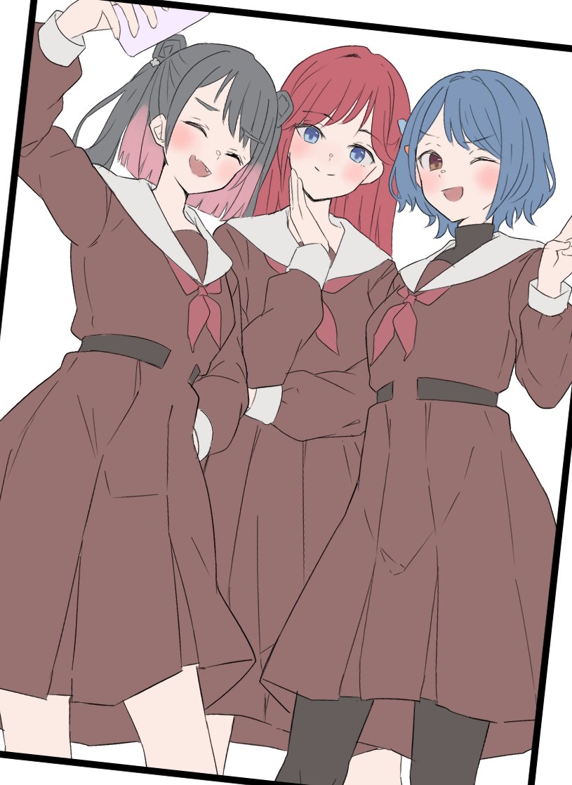 3girls, black_hair, black_pantyhose, black_shirt, blue_eyes, blue_hair, brown_dress, colored_inner_hair