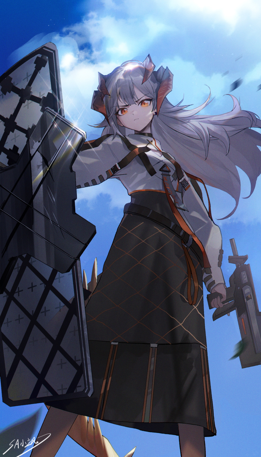 1girl, absurdres, arknights, black_skirt, closed_mouth, commentary, grey_hair, gun