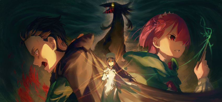 1boy, 2girls, anastasia_hoshin, black_hair, blood, cloak, coat, dragon