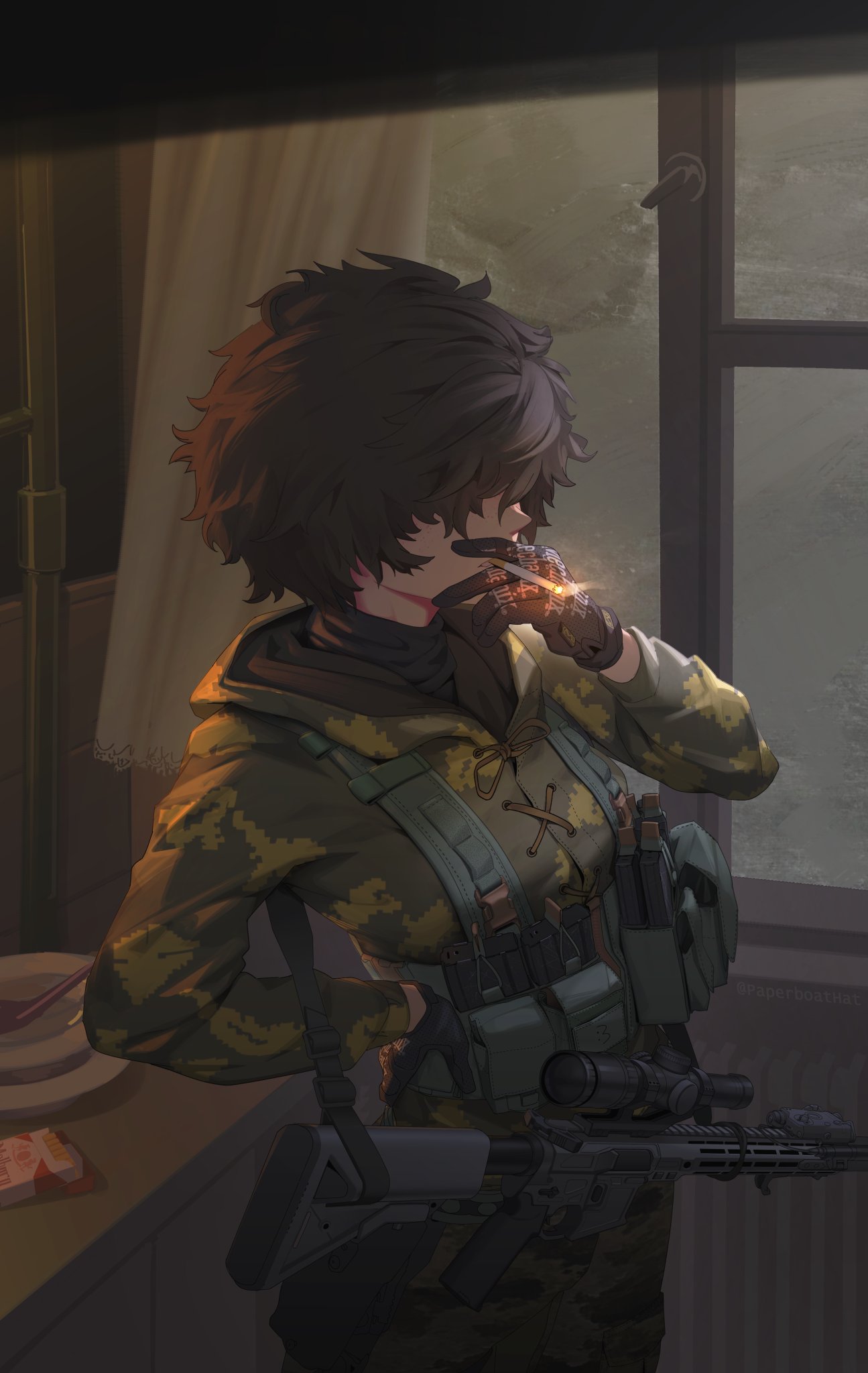 1girl, :3, ar-15, artist_name, assault_rifle, black_gloves, brown_hair, camouflage