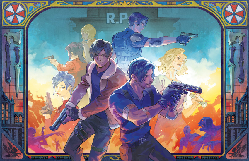 3boys, 4girls, absurdres, ada_wong, age_progression, axe, black_gloves, black_shirt, blonde_hair, blue_shirt, bob_cut, border, brown_jacket, character_request, check_character, chest_holster, claire_redfield, collared_shirt, combat_knife, fingerless_gloves, fur_trim, gloves, grace_ashcroft, gun, handgun, hatchet_(axe), highres, holding, holding_gun, holding_weapon, jacket, knife, leon_s._kennedy, multiple_boys, multiple_girls, multiple_persona, ornate_border, outside_border, people, red_shirt, resident_evil, resident_evil_2, resident_evil_4, resident_evil_requiem, serious, sherry_birkin, shirt, short_hair, shoulder_pads, umbrella_corporation_logo, vest, wavy_hair, weapon, yukinnn, zombie