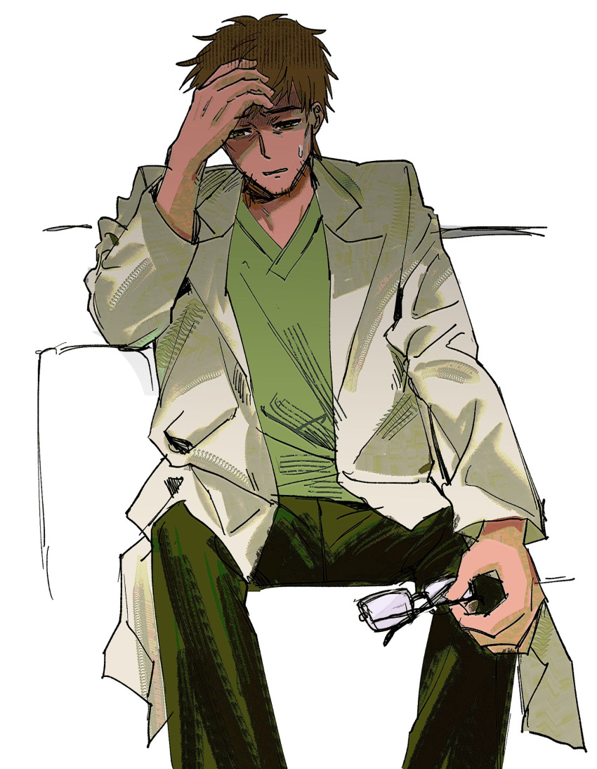 1boy, arm_up, beard_stubble, black_pants, brown_hair, coat, facial_hair, g21sc