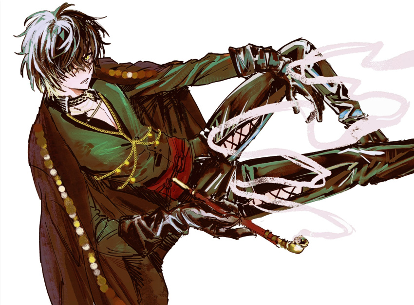 1boy, black_choker, black_gloves, black_jacket, black_shirt, choker, clothing_cutout, eyepatch, g21sc, gloves, hair_between_eyes, hair_over_one_eye, highres, holding, holding_smoking_pipe, jacket, jacket_on_shoulders, long_sleeves, looking_at_viewer, parted_lips, shirt, short_hair, simple_background, sitting, slow_damage, smoke, smoke_trail, smoking, smoking_pipe, solo, thigh_cutout, towa_(slow_damage), white_background, yellow_eyes