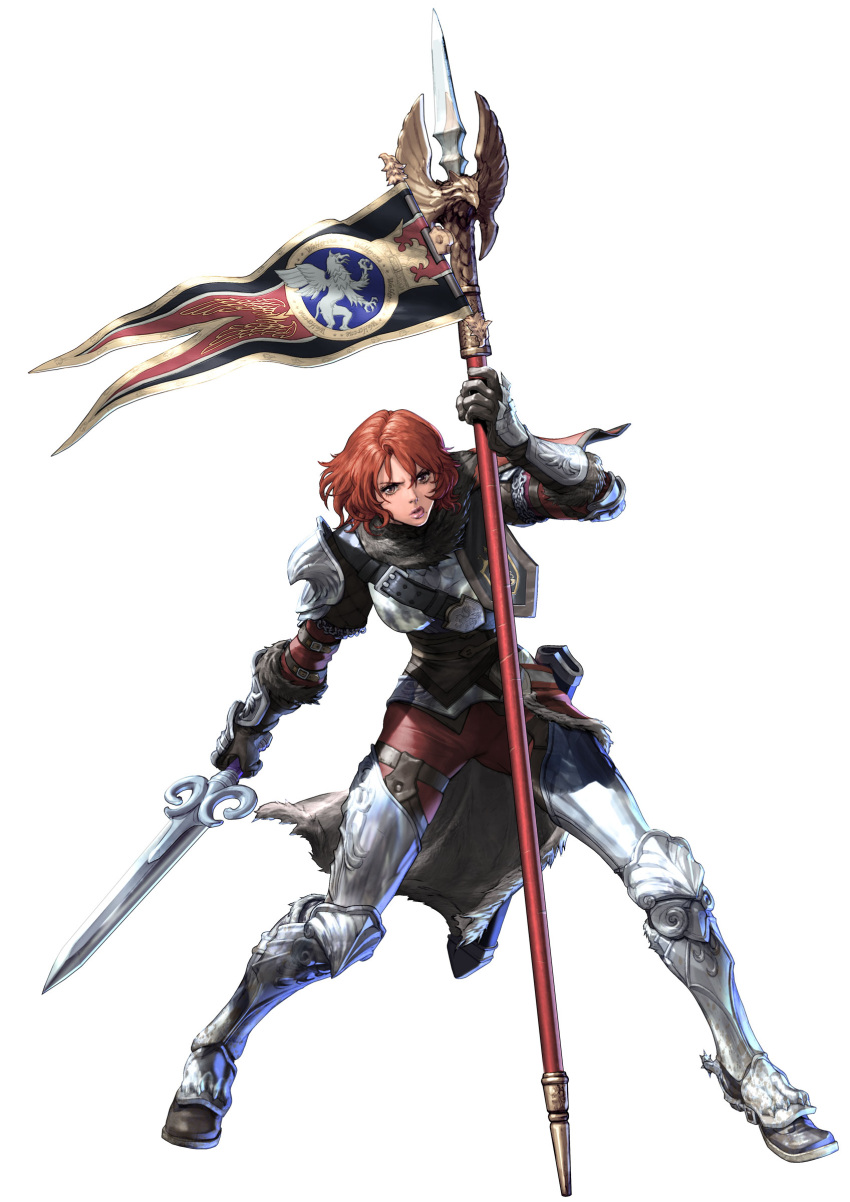 1girl, absurdres, armor, banner, brown_eyes, buckle, crest, female