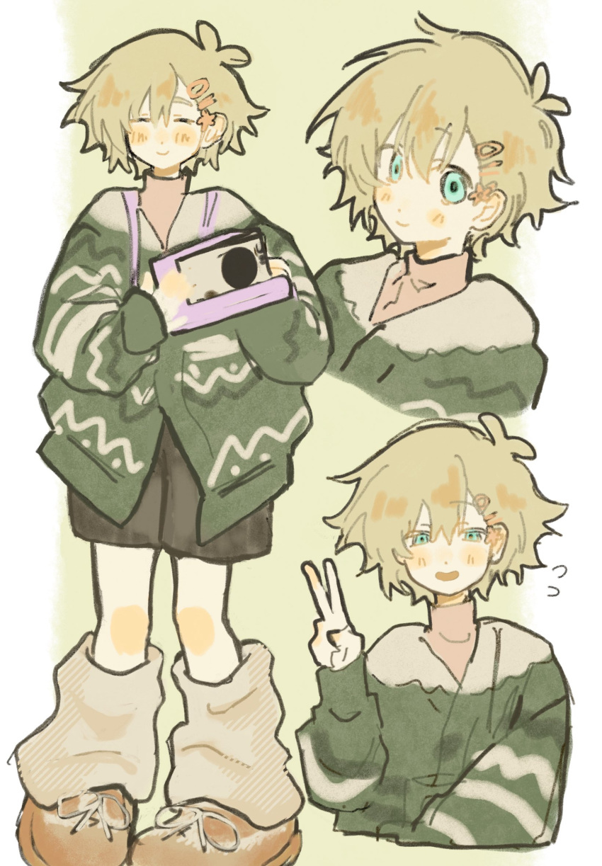 1boy, alternate_costume, alternate_hairstyle, antenna_hair, basil_(faraway)_(omori), basil_(omori), black_shorts, blonde_hair