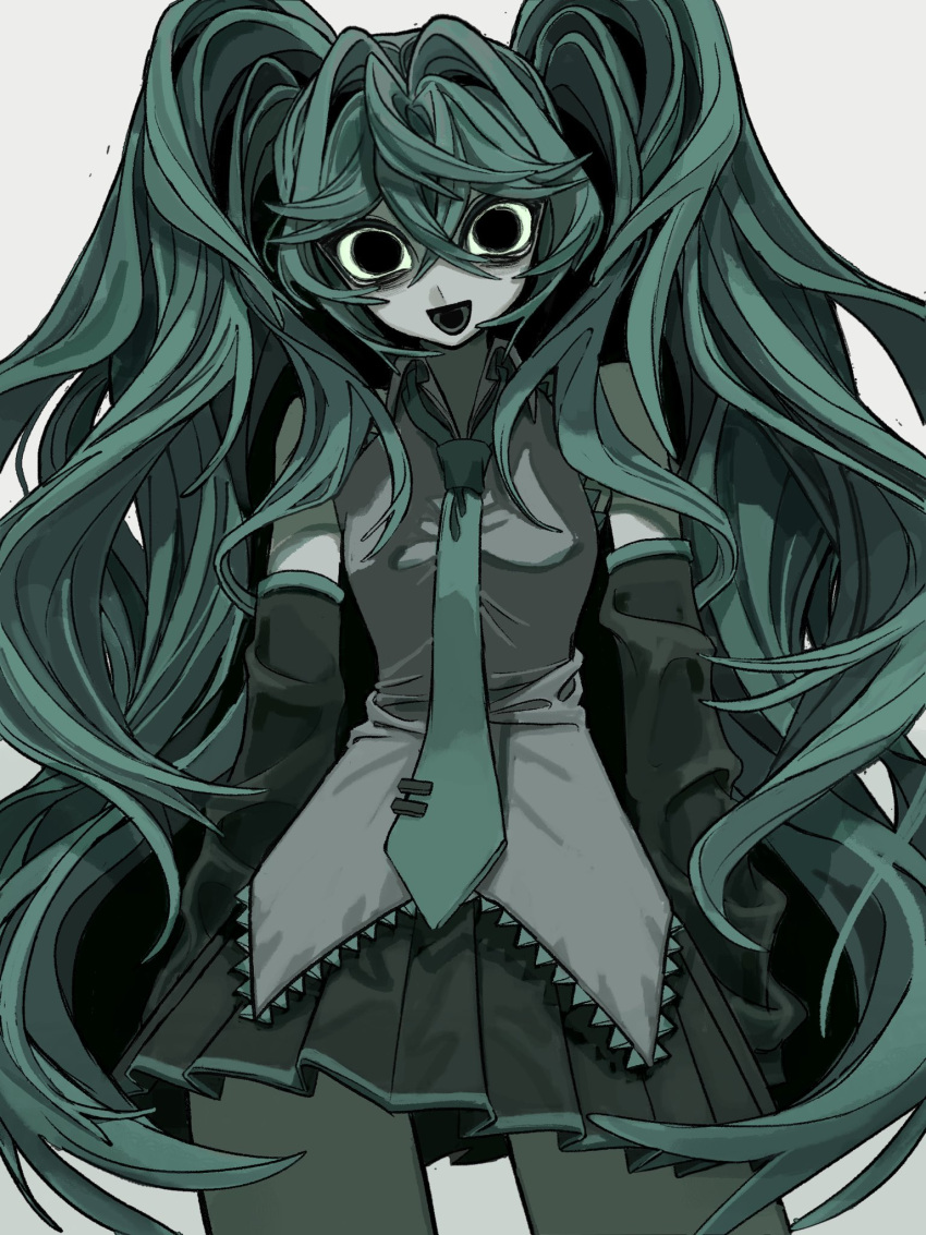 1girl, :d, aqua_eyes, aqua_hair, aqua_necktie, aqua_trim, black_skirt, collared_shirt, commentary_request, detached_sleeves, douk1_1kigire, grey_shirt, hair_intakes, hatsune_miku, highres, looking_at_viewer, loose_necktie, necktie, pleated_skirt, shirt, skirt, smile, solo, twintails, vocaloid