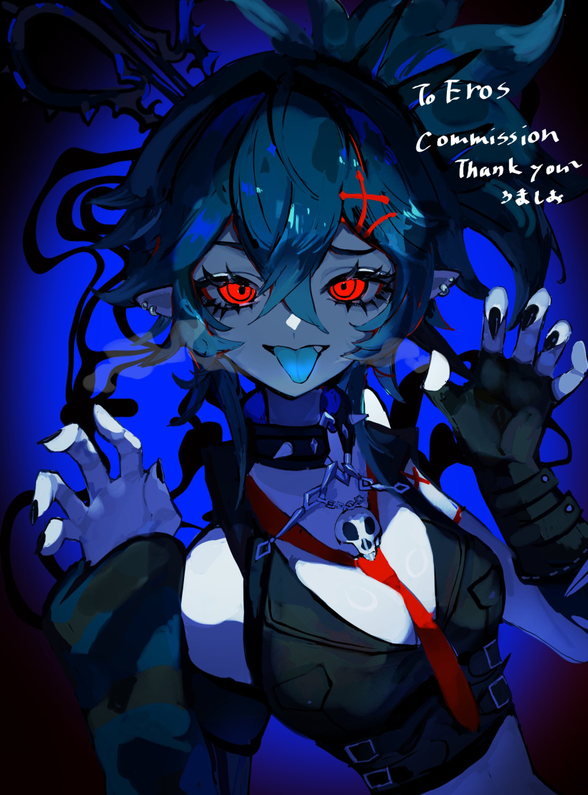 1girl, absurdres, asymmetrical_gloves, black_nails, blue_background, breasts, collar, colored_skin, colored_tongue, ear_piercing, eros_valentyne, fang, fingerless_gloves, gloves, green_tongue, grey_skin, hair_between_eyes, hair_ornament, highres, indie_virtual_youtuber, mashi_(pixiv_zcjd2538), medium_breasts, necktie, piercing, pointy_ears, ponytail, red_eyes, red_necktie, ringed_eyes, scissors, skull_ornament, spiked_collar, spikes, striped_sleeves, tongue, tongue_out, torn_clothes, torn_gloves, virtual_youtuber, x_hair_ornament