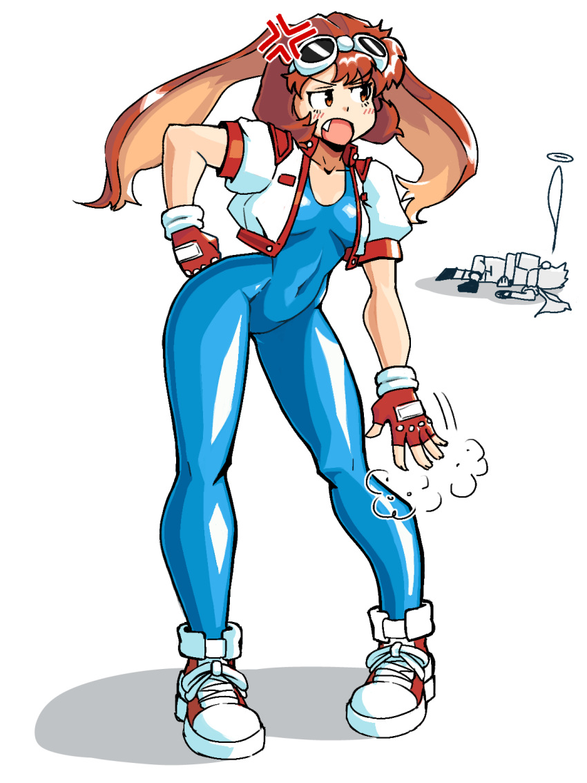 anger_vein, animal_ears, blue_unitard, bob_cut, breasts, brown_eyes, brown_hair, chief_(skiwa)
