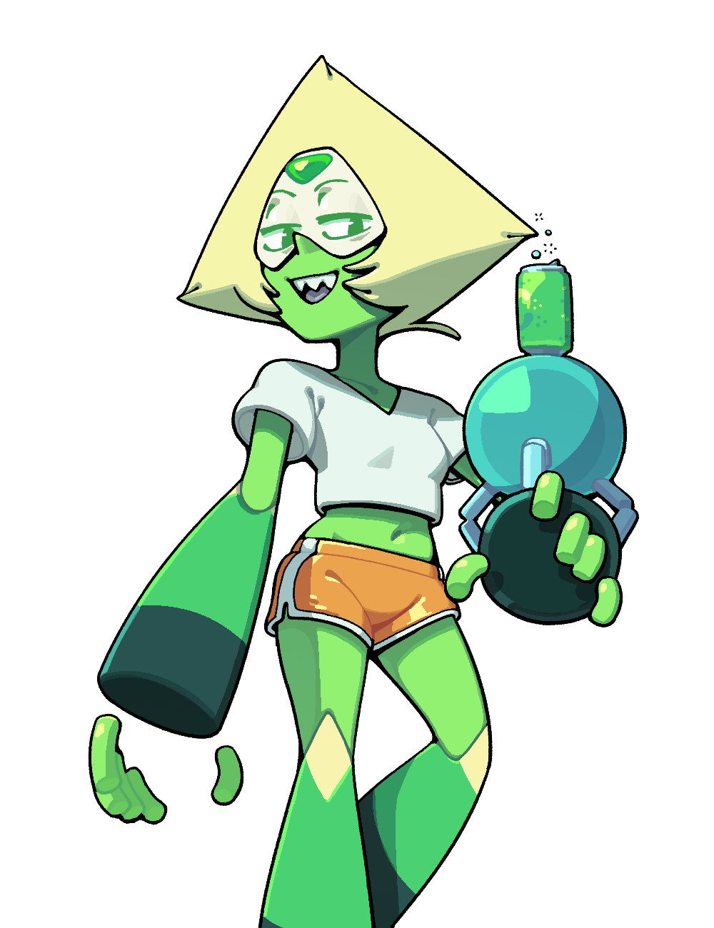 1girl, alien, alternate_costume, blonde_hair, can, casual, colored_skin, crop_top