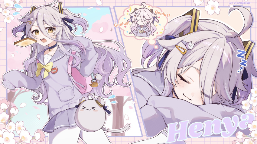 1girl, ahoge, bag, closed_eyes, closed_mouth, commentary, grey_hair, henya_the_genius
