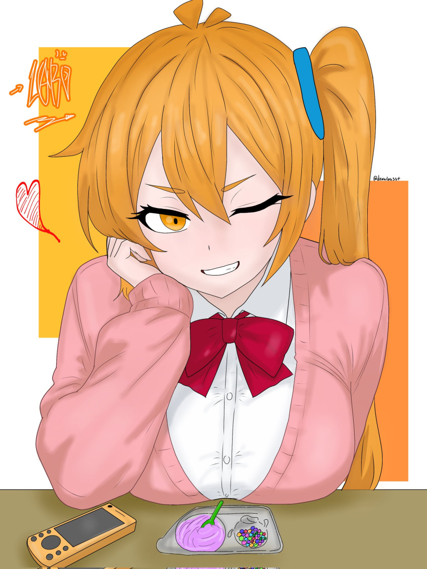 1girl, akita_neru, artist_logo, artist_name, blonde_hair, bow, bowtie, breasts