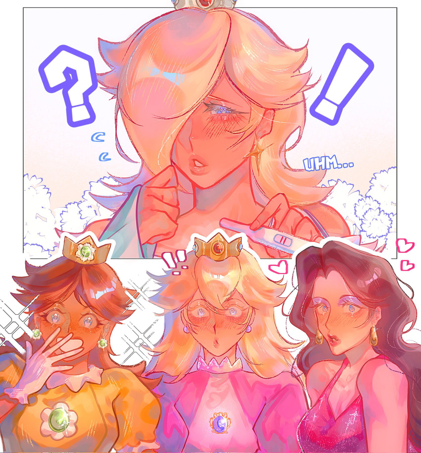 !, !!, 4girls, :d, :o, ?, bare_shoulders, black_hair, blonde_hair, blue_dress, blue_eyes, blue_eyeshadow, blush, breasts, brooch, brown_hair, commentary, crown, dlovesespresso, dress, earrings, english_commentary, english_text, eyelashes, eyeshadow, flower_brooch, flower_earrings, flying_sweatdrops, gloves, hair_over_one_eye, heart, highres, holding, holding_pregnancy_test, jewelry, long_hair, long_sleeves, makeup, multiple_girls, pauline_(nintendo), pink_dress, pregnancy_test, princess_daisy, princess_peach, puffy_short_sleeves, puffy_sleeves, red_dress, rosalina, short_sleeves, sleeveless, sleeveless_dress, smile, sphere_earrings, star_(symbol), star_earrings, super_mario_bros., upper_body, white_gloves, yellow_dress, yuri