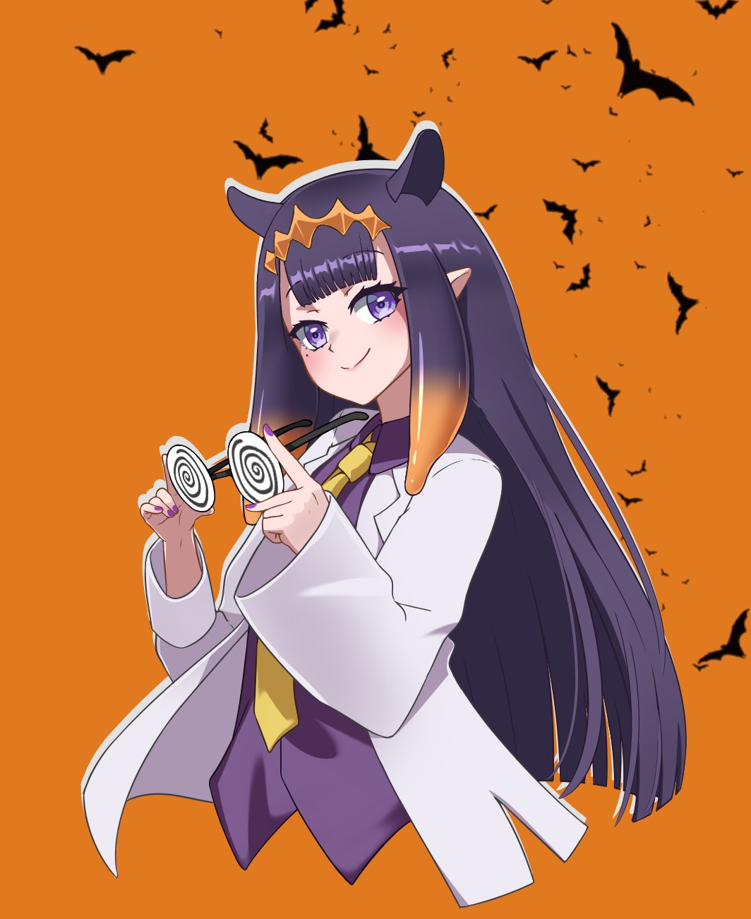 @_@, bow, bowtie, glasses, highres, holding, holding_removed_eyewear, hololive