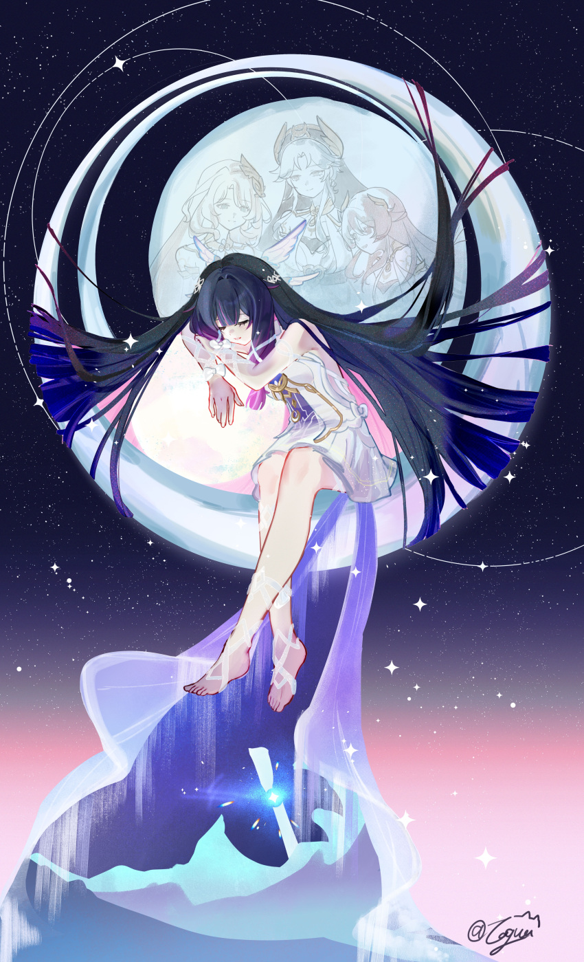 4girls, absurdres, aria_(genshin_impact), arm_ribbon, bare_shoulders, black_hair, blue_hair, canon_(genshin_impact)
