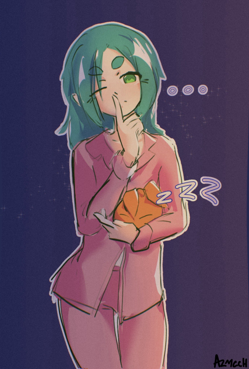 ..., 1girl, aqua_hair, artist_name, azmcch, closed_eyes, closed_mouth, collared_shirt