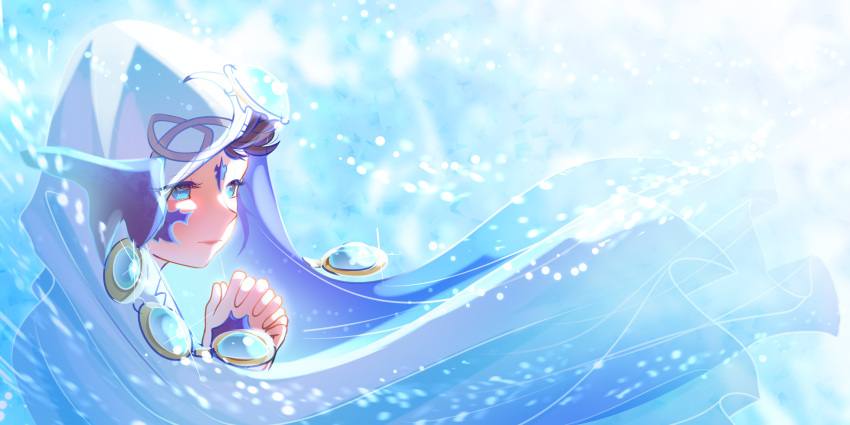 1girl, aqua_eyes, aqua_gem, blue_horns, brown_hair, closed_mouth, final_fantasy, final_fantasy_xiv