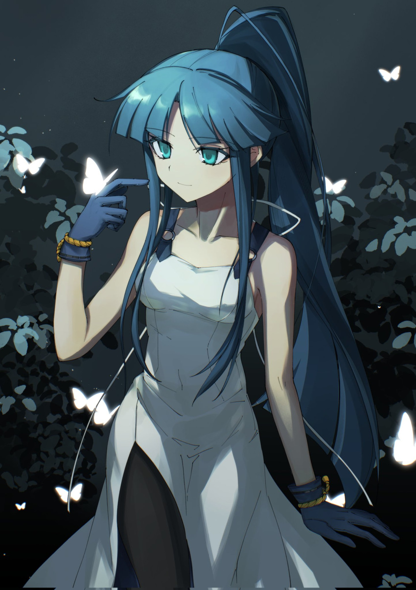 1girl, blue_eyes, blue_hair, breasts, bug, butterfly, collarbone, commentary