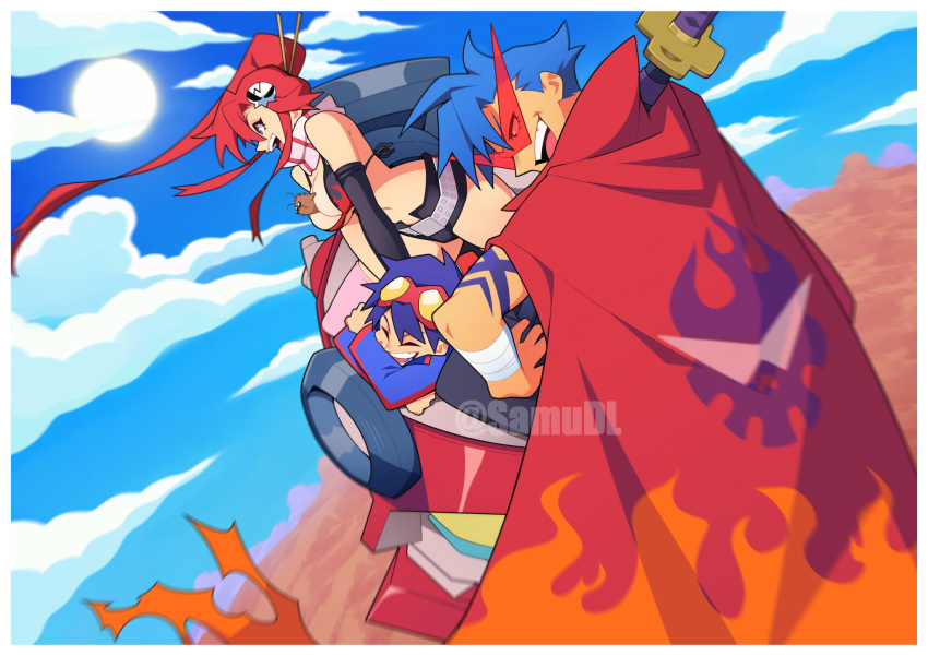 1girl, 2boys, boota_(ttgl), commentary, core_drill, drill, english_commentary, goggles