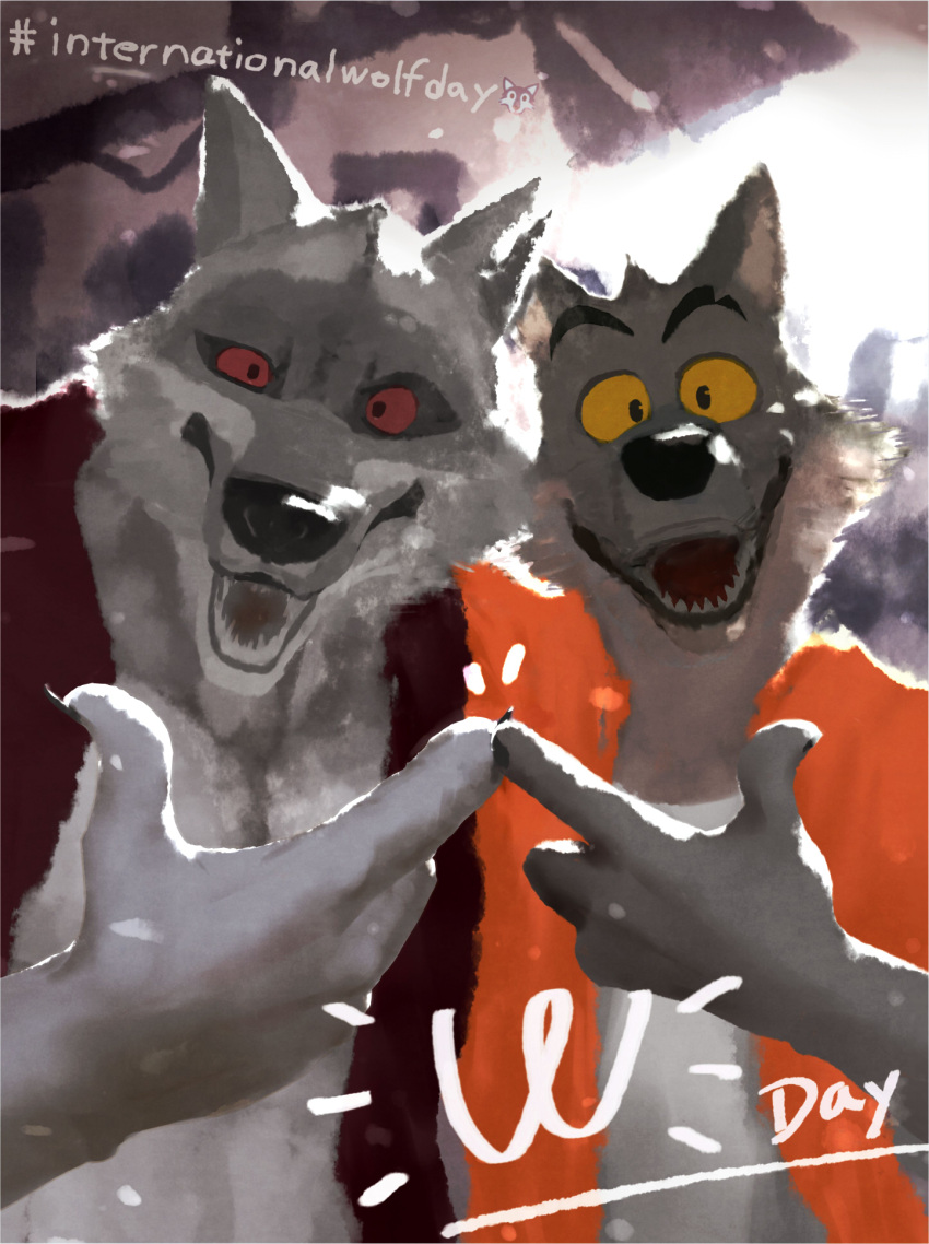 2boys, animal_ears, brown_fur, claws, commentary_request, death_(puss_in_boots), dreamworks, english_text, fangs, furry, furry_male, grey_fur, highres, looking_at_viewer, male_focus, mixed-language_commentary, mr._wolf, multiple_boys, noam1393, open_mouth, pointing, pointing_at_another, red_eyes, smile, the_bad_guys_(movie), wolf_boy, wolf_ears, yellow_eyes
