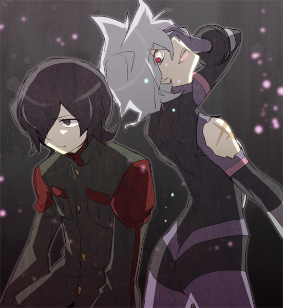 danball_senki, dual_persona, haibara_yuuya, hair_over_one_eye, male, motomoto_saji, mudo_(saji), open_mouth, red_eyes, scar, short_hair, white_hair