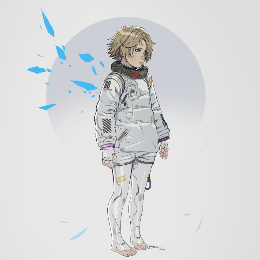 1girl, aqua_eyes, barefoot, blonde_hair, commentary, eight_(pragmata), emilio_lopez, english_commentary