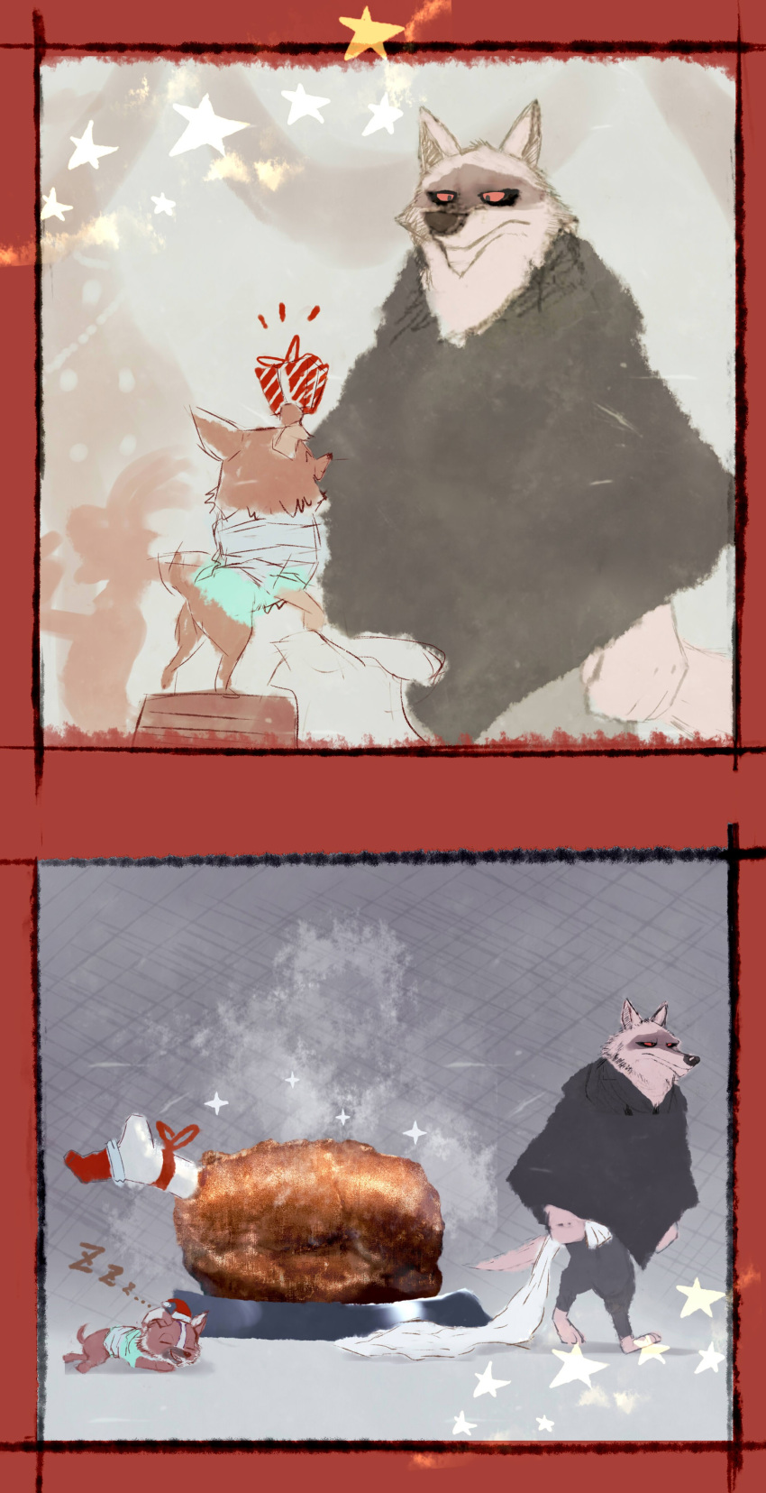 2boys, absurdres, animal_ears, black_cloak, brown_fur, cloak, death_(puss_in_boots), dog, dreamworks, english_commentary, furry, furry_male, gift, highres, holding, holding_gift, looking_at_another, multiple_boys, noam1393, perrito_(puss_in_boots), red_eyes, sleeping, tail, wolf_boy, wolf_ears, wolf_tail, zzz