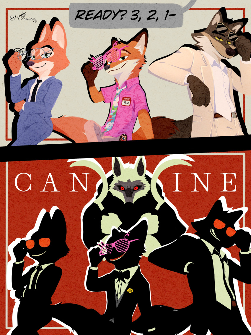 1girl, 3boys, absurdres, animal_ears, artist_name, blue_pants, blue_suit, brown_fur
