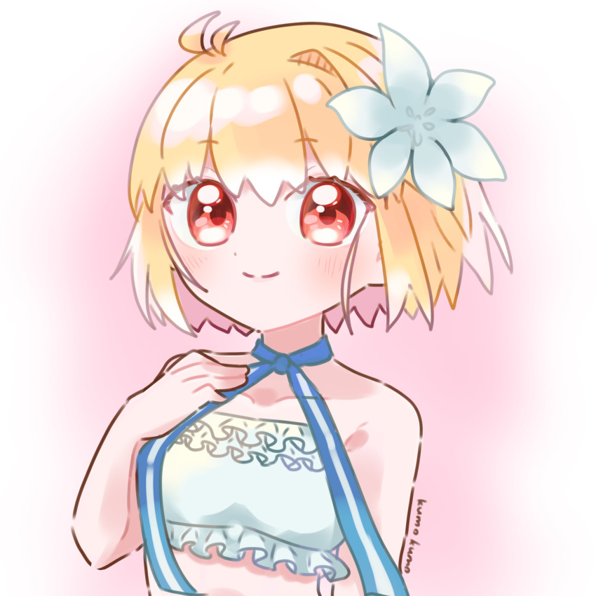 1girl, absurdres, antenna_hair, arcueid_brunestud, arcueid_brunestud_(dazzling_moon), arcueid_brunestud_(mooncancer), aya_kumokumo, bandeau, bare_shoulders, bikini, blonde_hair, blue_flower, blue_ribbon, blush, fate/grand_order, fate_(series), flower, hair_flower, hair_ornament, hand_on_own_chest, highres, looking_at_viewer, neck_ribbon, official_alternate_costume, red_eyes, ribbon, short_hair, sidelocks, smile, strapless, strapless_bikini, swimsuit, upper_body, white_bikini