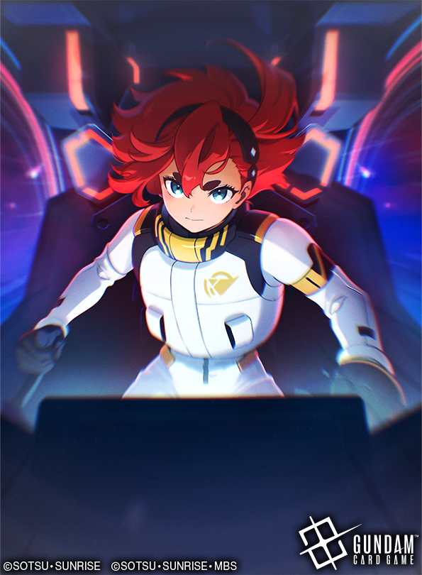 1girl, aqua_eyes, black_hairband, cockpit, commentary, copyright_name, gundam, gundam_card_game