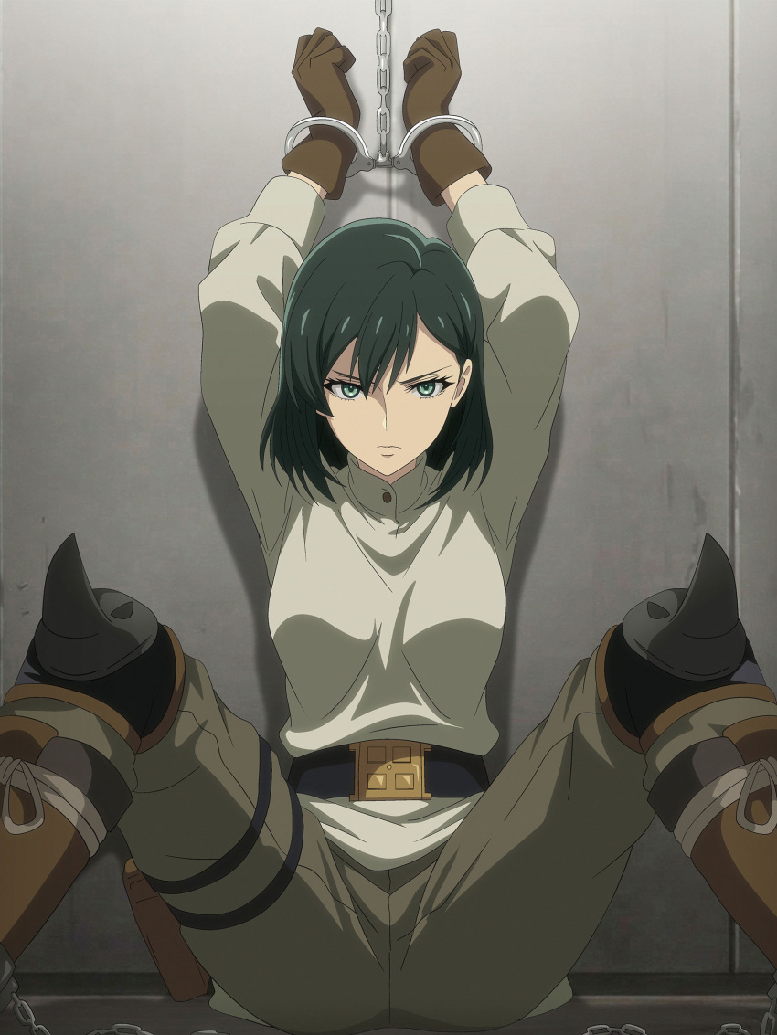 1girl, absurdres, anime_coloring, arms_up, belt, boots, chain, commission