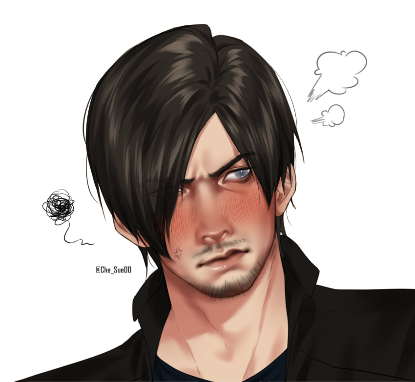 1boy, averting_eyes, beard_stubble, black_hair, black_shirt, blue_eyes, blush, che_sue00