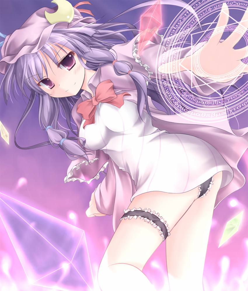 blush, bow, crescent, frilled_panties, frills, hat, highres, long_hair, muusu, panties, patchouli_knowledge, purple_eyes, purple_hair, solo, touhou, underwear, violet_eyes