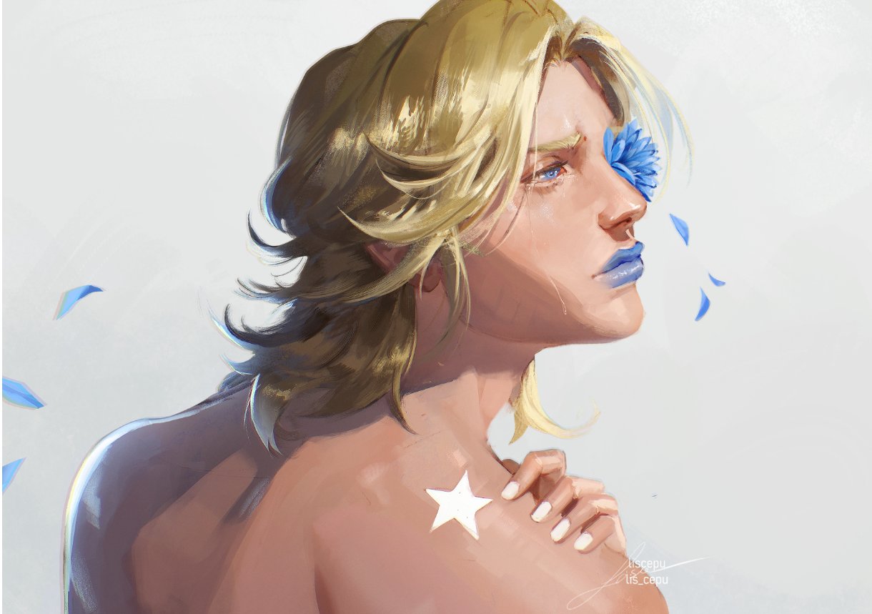 1boy, birthmark, blonde_hair, blue_eyes, blue_flower, blue_lips, crying, flower