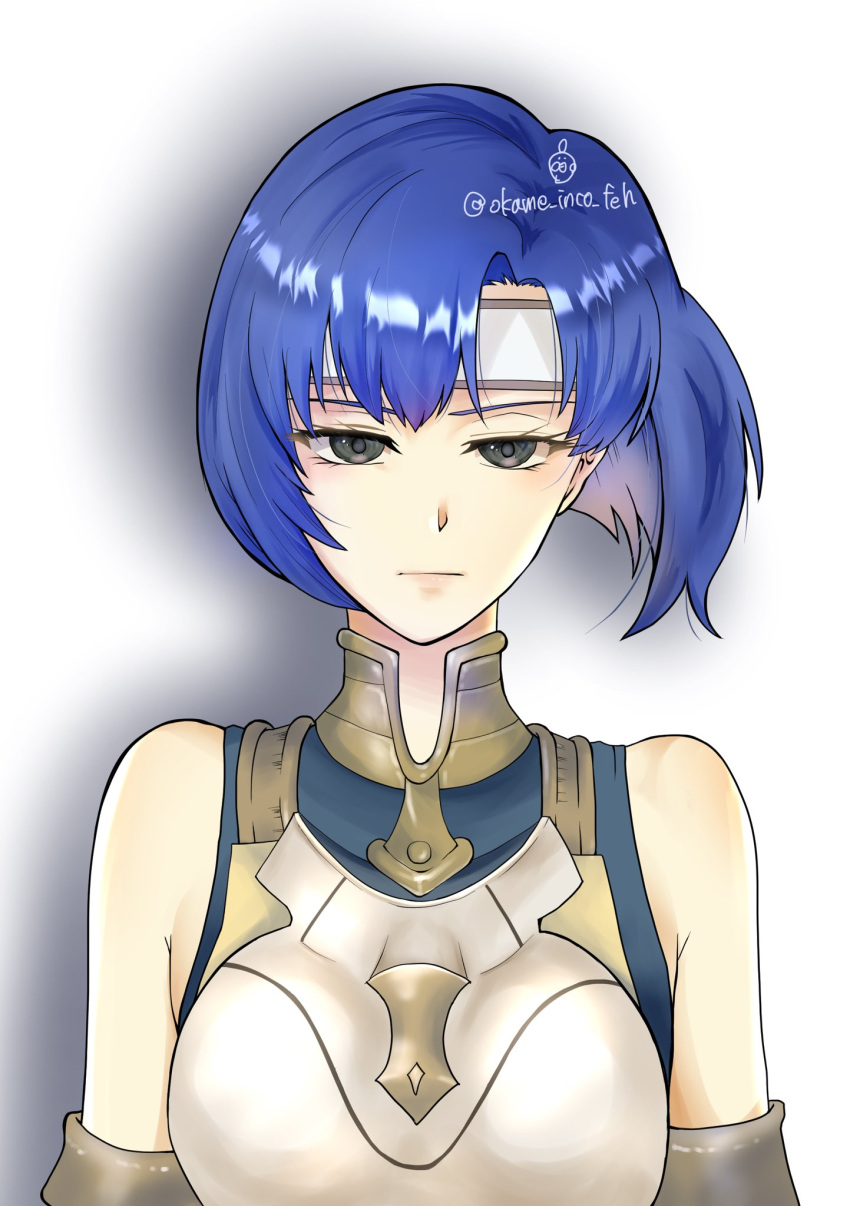 1girl, :|, armor, bare_shoulders, blue_dress, blue_hair, breastplate, catria_(fire_emblem)