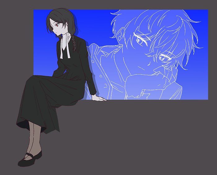1boy, 1girl, black_dress, braid, brown_pantyhose, closed_mouth, commentary_request, dress
