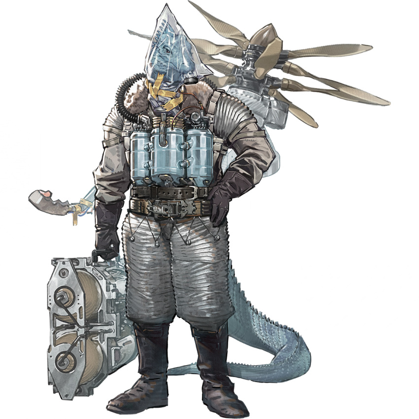 1boy, arknights, bag, belt, black_belt, black_boots, black_gloves, blue_scales