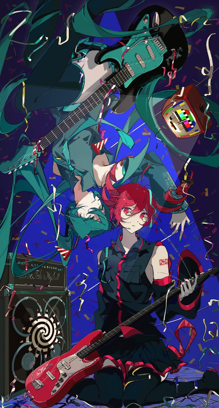 2girls, ahoge, aqua_eyes, aqua_hair, aqua_nails, aqua_necktie, aqua_trim, bare_shoulders, black_boots, black_skirt, boots, confetti, detached_sleeves, doc_doccy, drill_hair, electric_guitar, fingernails, floating, full_body, guitar, hair_between_eyes, hair_ornament, hatsune_miku, highres, instrument, kasane_teto, long_hair, looking_at_another, looking_at_viewer, multiple_girls, nail_polish, necktie, number_tattoo, pleated_skirt, red_eyes, red_hair, red_nails, red_trim, shirt, shoulder_tattoo, sitting, skirt, sleeveless, sleeveless_shirt, speaker, tattoo, television, thigh-highs, thigh_boots, twin_drills, twintails, upside-down, utau, very_long_hair, vocaloid, wariza, wide_sleeves, wing_collar, zettai_ryouiki